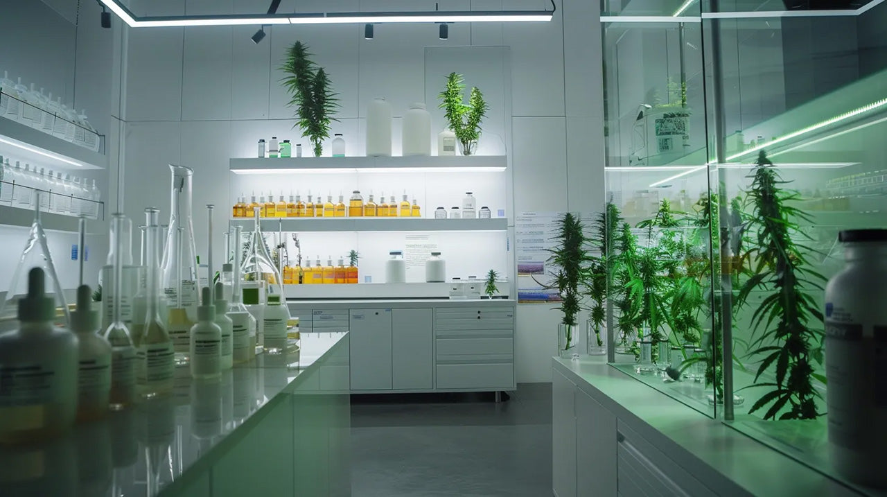 a sleek and modern laboratory setting showcases a scientist in a white lab coat analyzing cannabinoid compounds under bright, focused lighting, emphasizing the complexities of thc and its therapeutic potential. a sleek and modern laboratory setting showcases a scientist in a white lab coat analyzing cannabinoid compounds under bright, focused lighting, emphasizing the complexities of thc and its therapeutic potential.