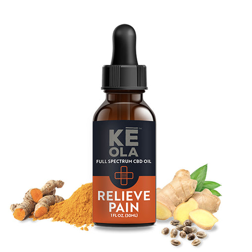 Keola Pain Relief CBD Oil - Bottle with ingredients around it