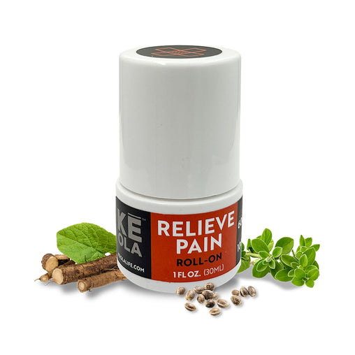 Keola Pain Relief CBD Roll-On (Travel Size) - Bottle with ingredients around it