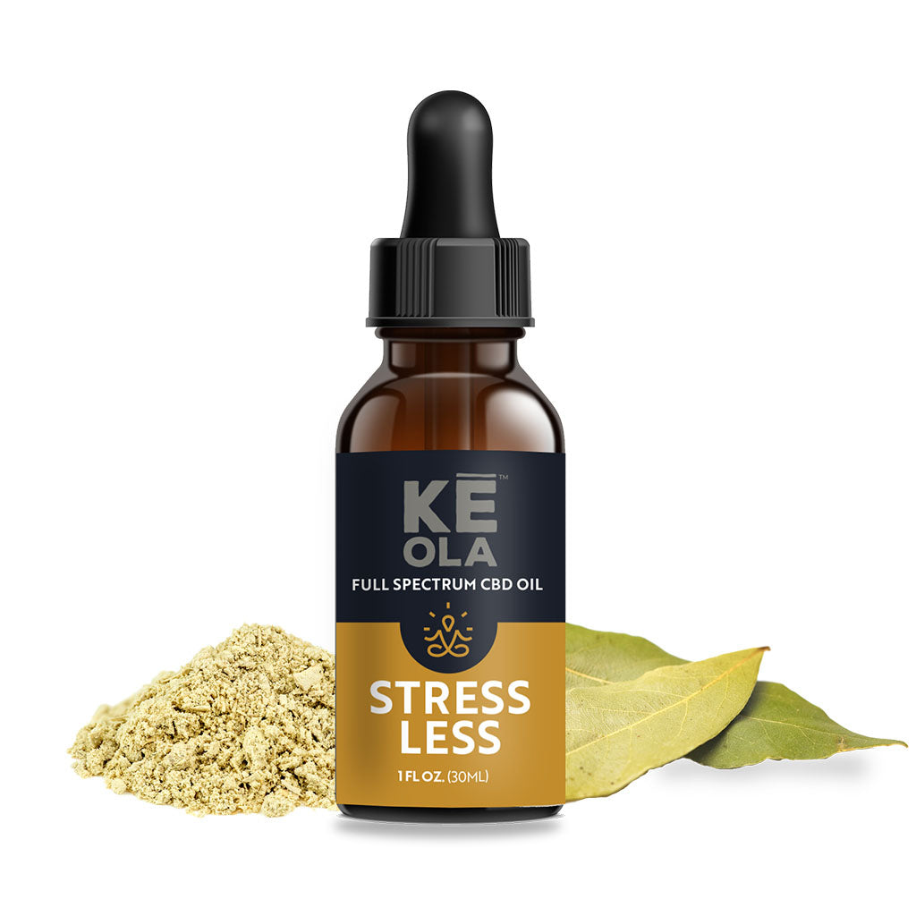 Keola Stress Less CBD Oil - Bottle with ingredients around it