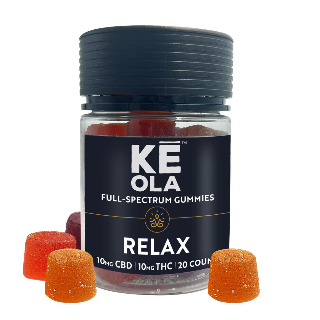 Keola Relax Full Spectrum CBD + THC Gummies with Gummies Showing